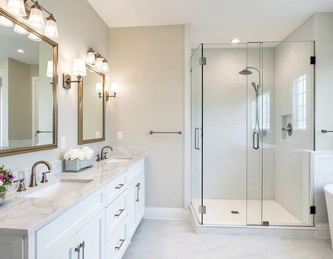 Finished bathroom with a double vanity and frameless glass shower