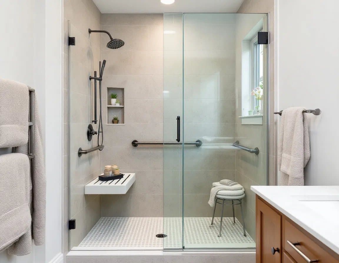 Accessible walk-in shower with grab bars and a fold-down seat