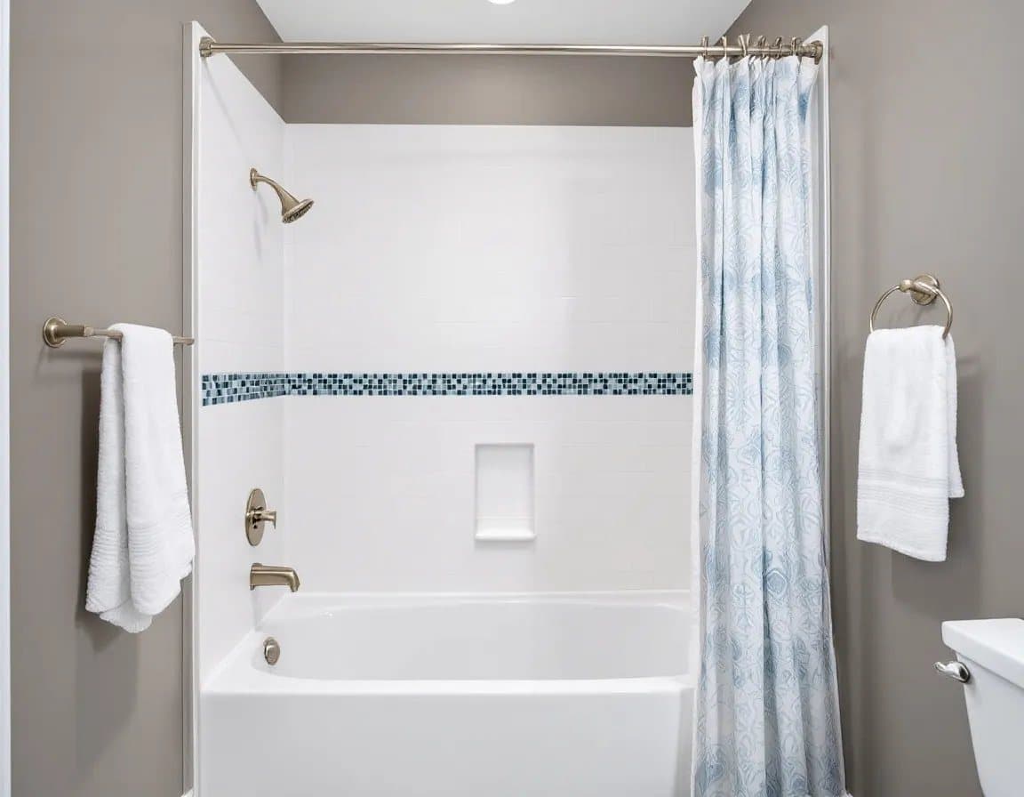 Bathtub with a white wall-system surround, accent band and built-in niche