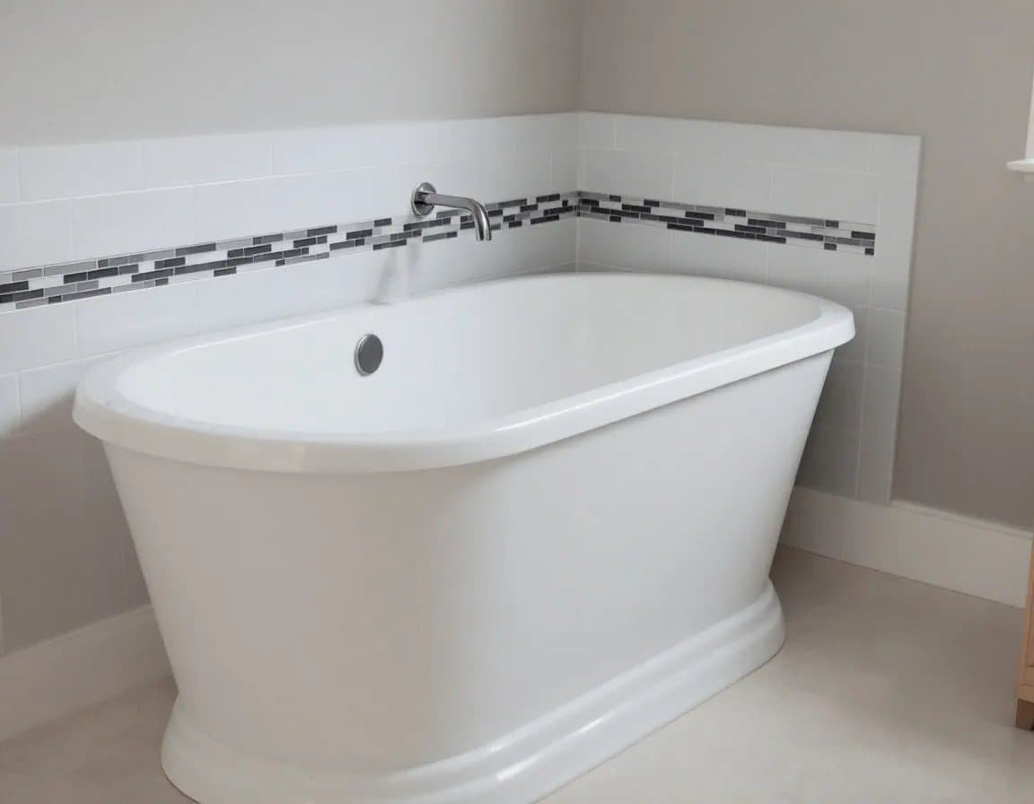 Freestanding soaking tub with a mosaic tile accent band