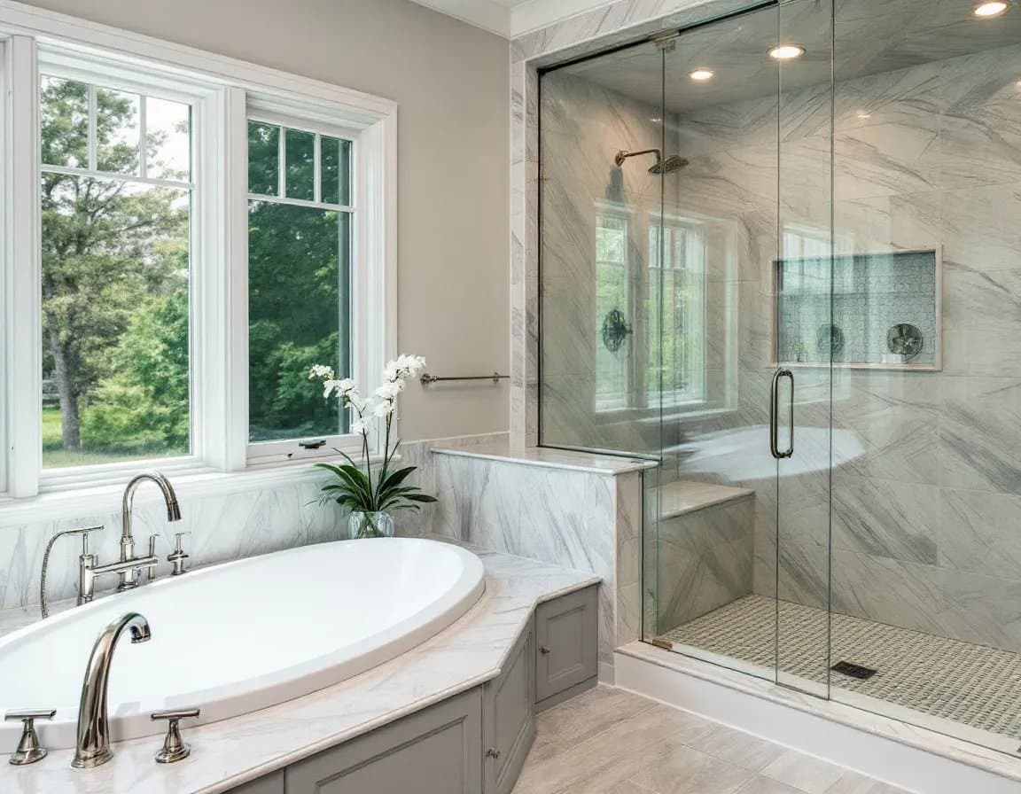 Marble-look walk-in shower beside a drop-in soaking tub
