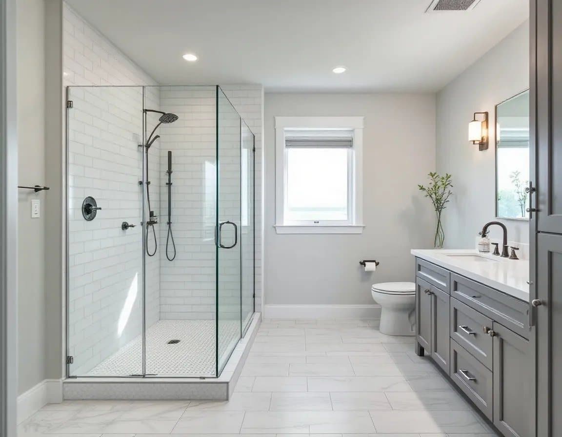 Frameless glass shower with a gray vanity