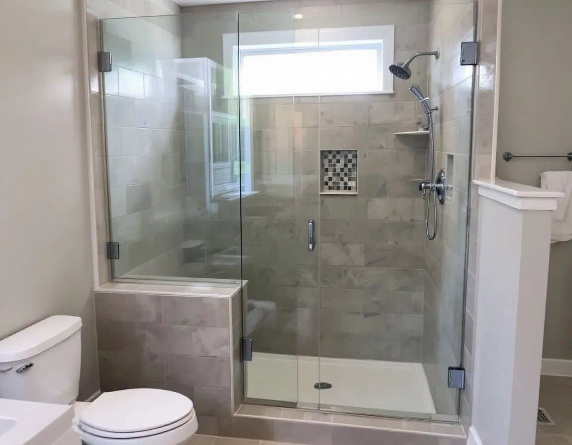 Tiled walk-in shower with a bench and glass enclosure