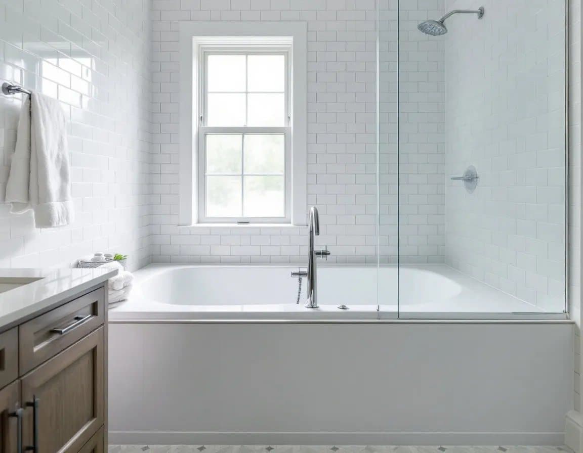 Bathtub with a glass panel and white tile beneath a window
