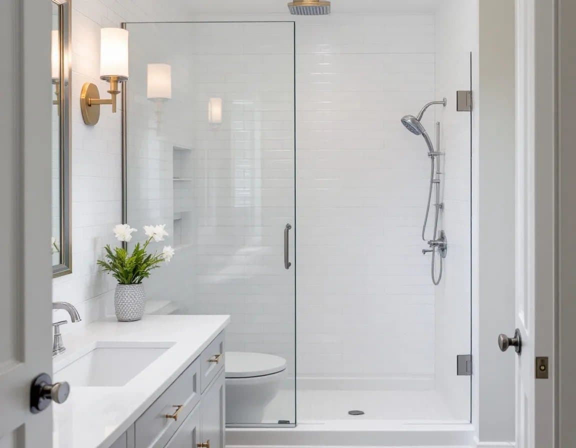 White walk-in shower with glass door beside a vanity
