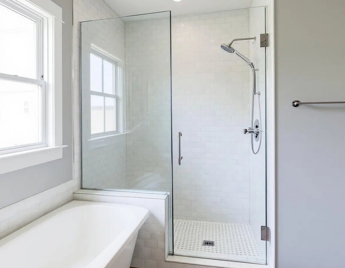 Glass walk-in shower next to a bathtub