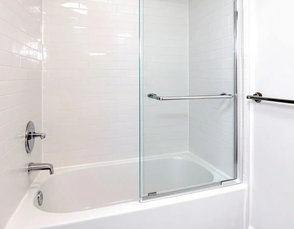 Bathtub with a sliding glass door and white surround