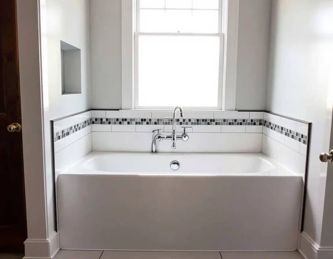 Soaking tub with a mosaic tile band under a window