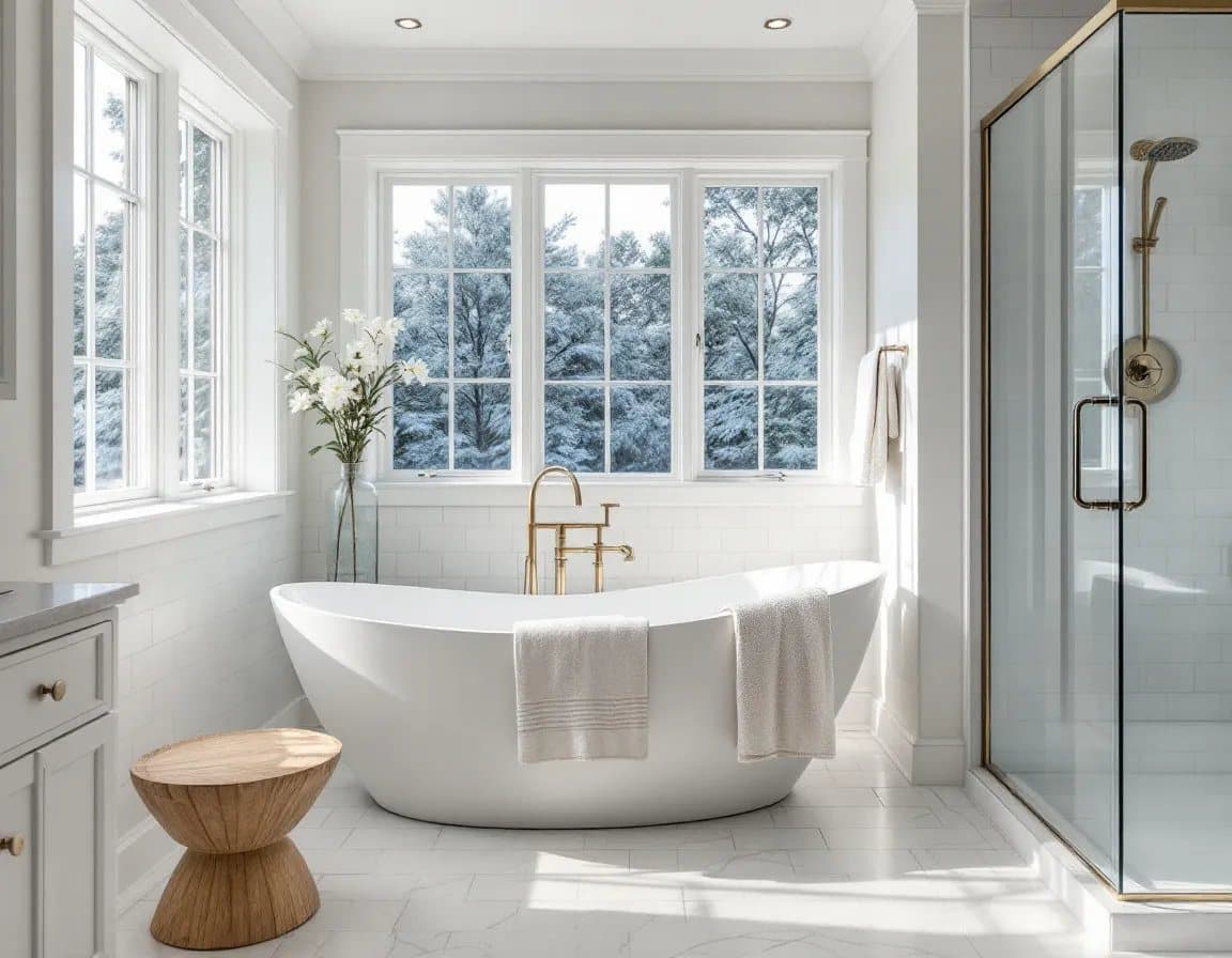 Bright remodeled bathroom with a freestanding soaking tub and glass walk-in shower