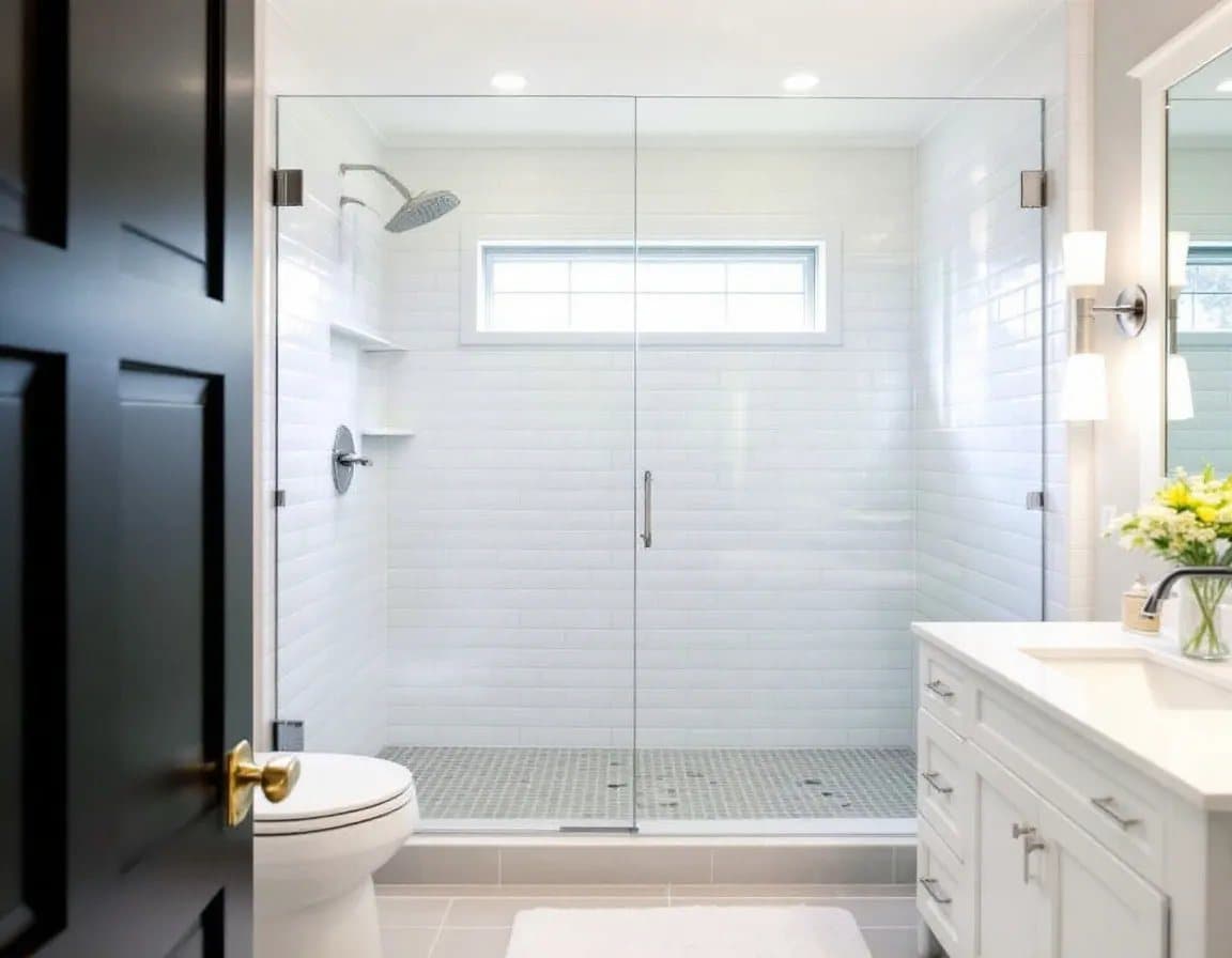 Walk-in shower with white subway tile walls and a frameless glass door