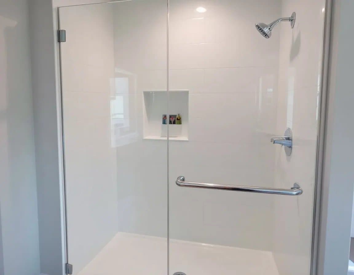 Walk-in shower with glass door installed in a former bathtub alcove